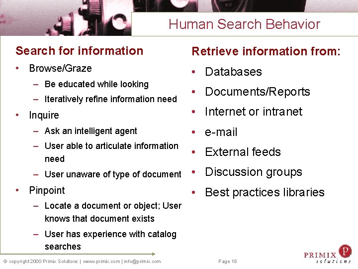 Human Search Behavior Search for information Retrieve information from: • Browse/Graze • Databases –