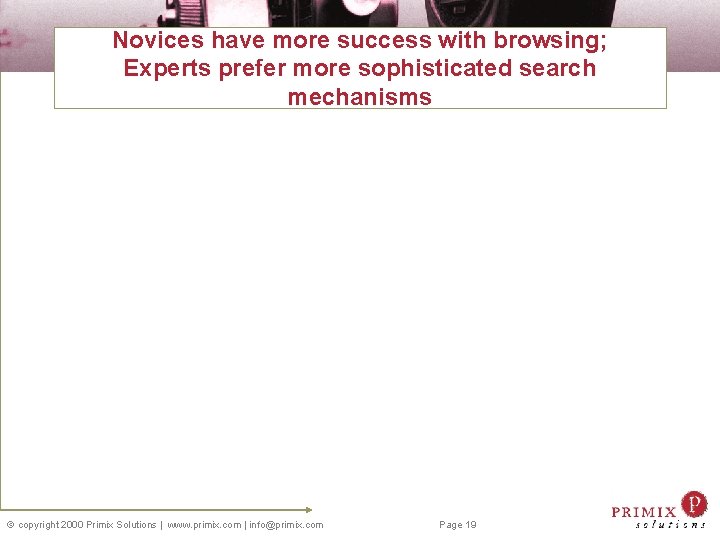 Novices have more success with browsing; Experts prefer more sophisticated search mechanisms copyright 2000