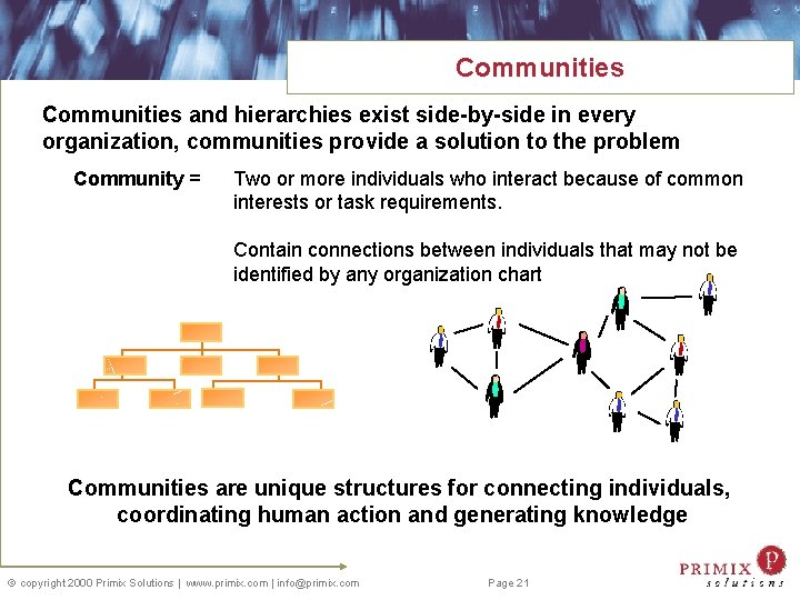 Communities and hierarchies exist side-by-side in every organization, communities provide a solution to the