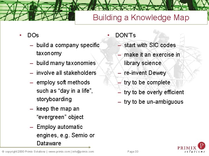 Building a Knowledge Map • DOs – build a company specific taxonomy • DON’Ts