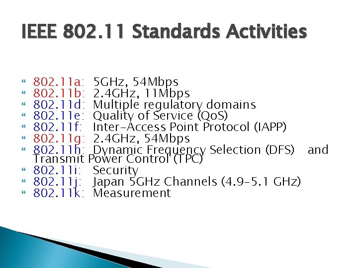 IEEE 802. 11 Standards Activities 802. 11 a: 5 GHz, 54 Mbps 802. 11