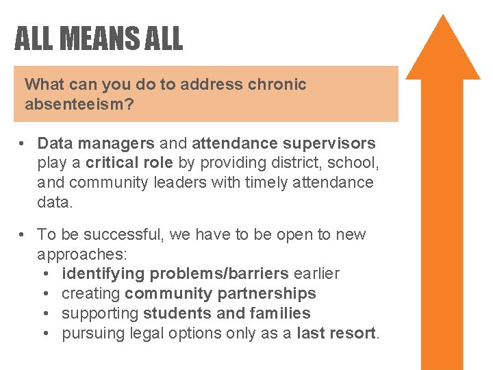 ALL MEANS ALL What can you do to address chronic absenteeism? • Data managers
