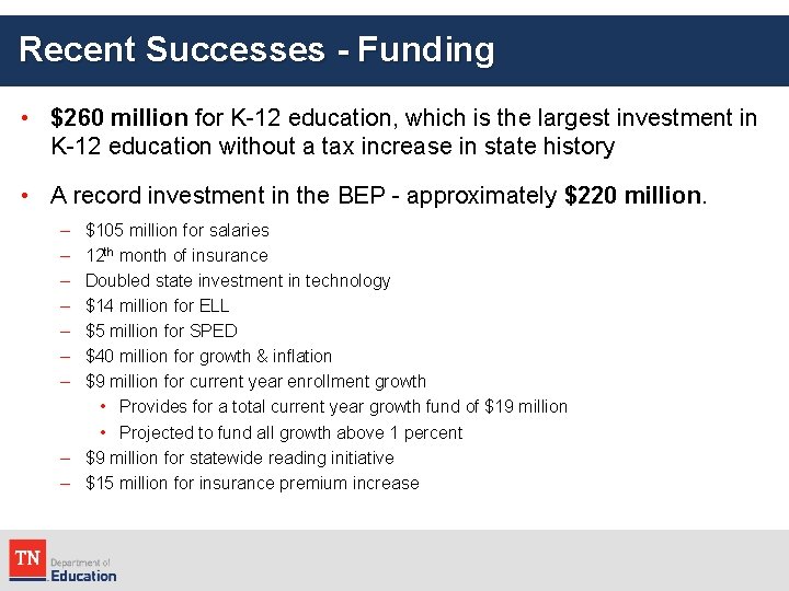 Recent Successes - Funding • $260 million for K-12 education, which is the largest