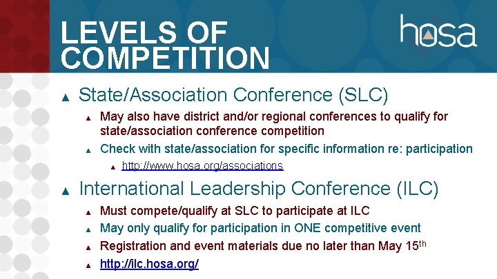 LEVELS OF COMPETITION ▲ State/Association Conference (SLC) ▲ ▲ May also have district and/or