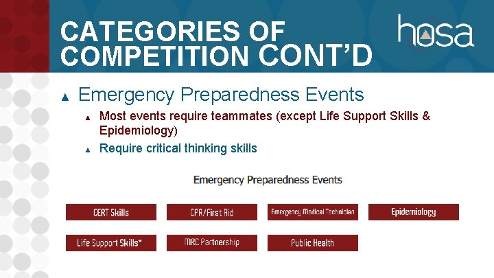 CATEGORIES OF COMPETITION CONT’D ▲ Emergency Preparedness Events ▲ ▲ Most events require teammates