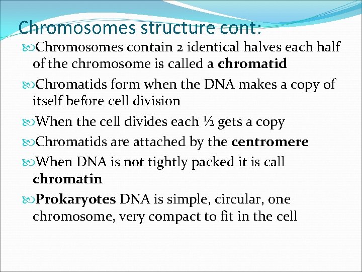 Chromosomes structure cont: Chromosomes contain 2 identical halves each half of the chromosome is