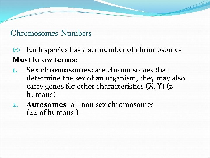 Chromosomes Numbers Each species has a set number of chromosomes Must know terms: 1.