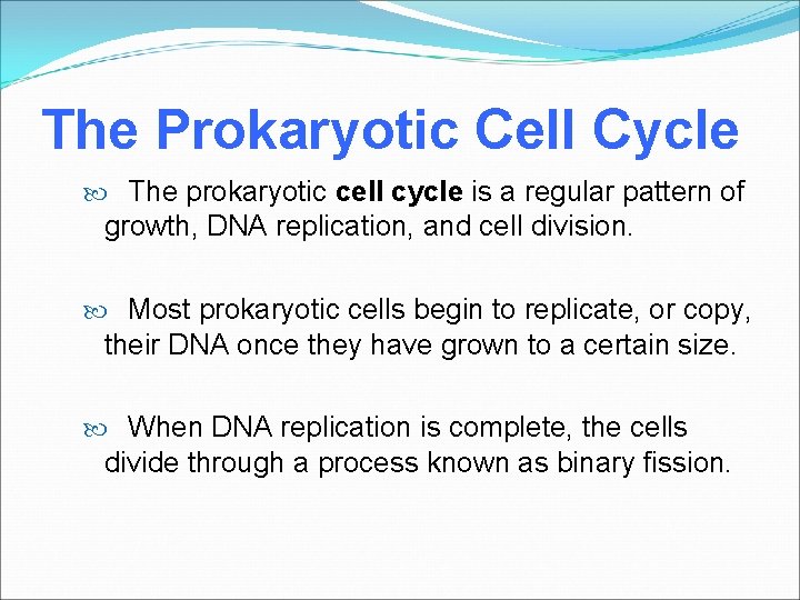 The Prokaryotic Cell Cycle The prokaryotic cell cycle is a regular pattern of growth,