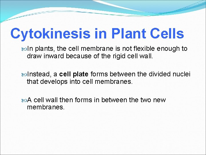 Cytokinesis in Plant Cells In plants, the cell membrane is not flexible enough to