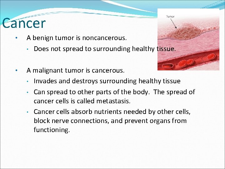 Cancer • A benign tumor is noncancerous. • Does not spread to surrounding healthy