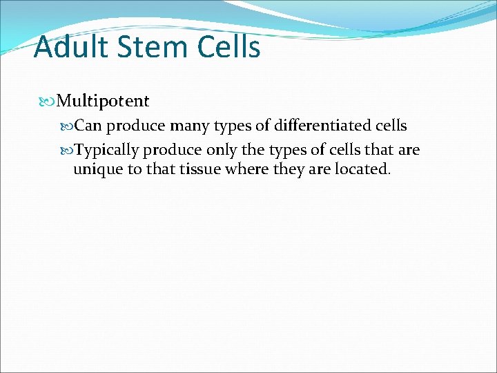 Adult Stem Cells Multipotent Can produce many types of differentiated cells Typically produce only