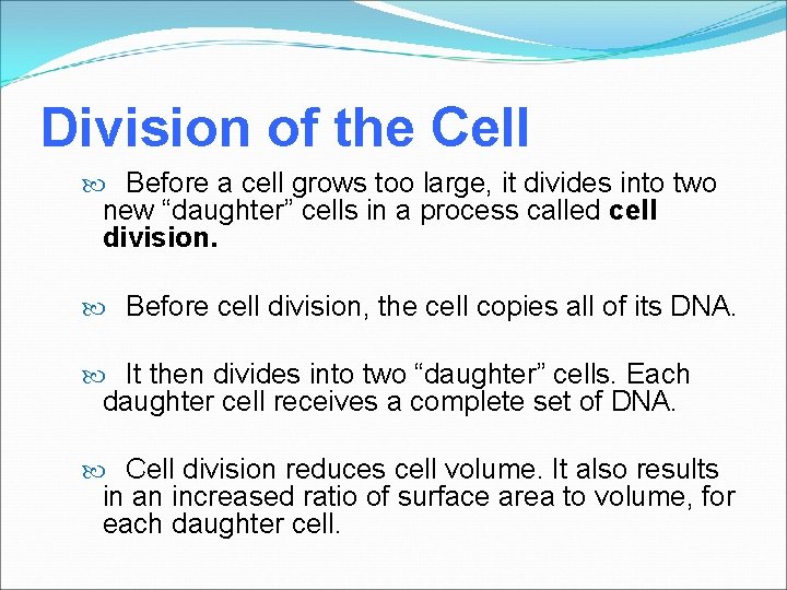 Division of the Cell Before a cell grows too large, it divides into two