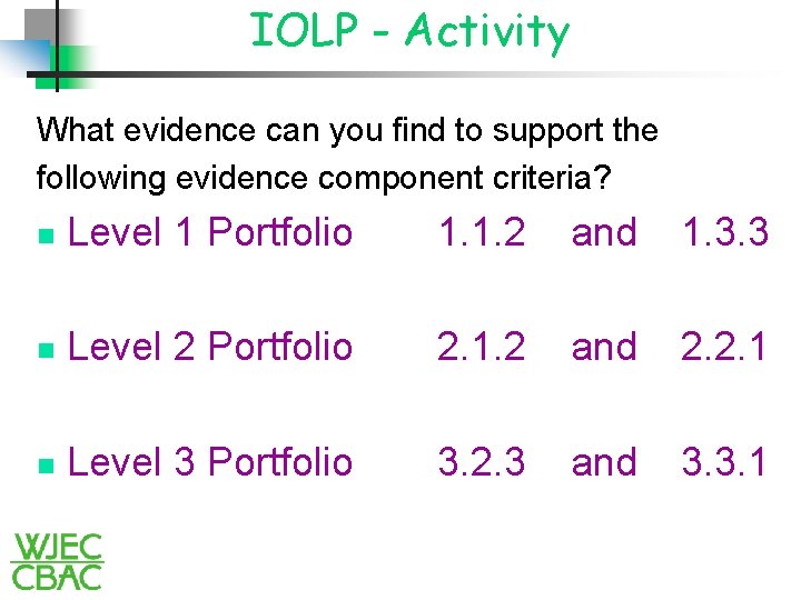 IOLP - Activity What evidence can you find to support the following evidence component