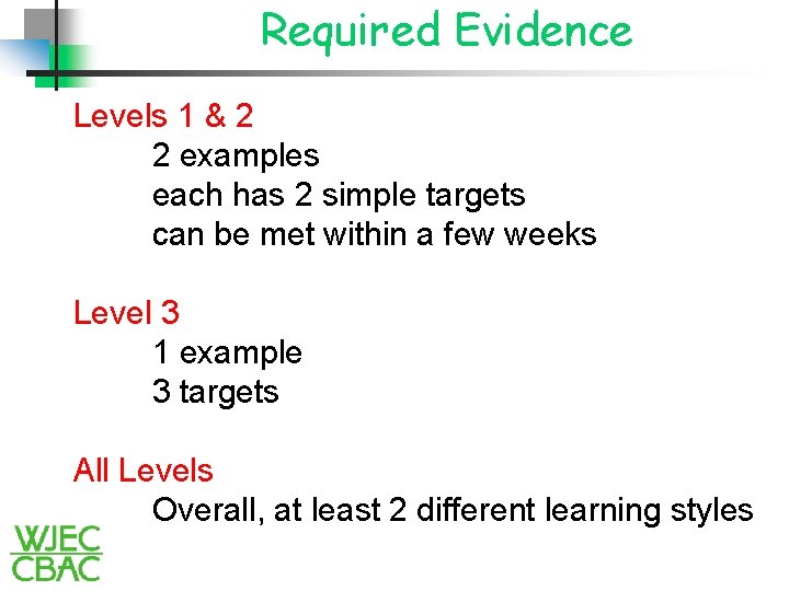 Required Evidence Levels 1 & 2 2 examples each has 2 simple targets can