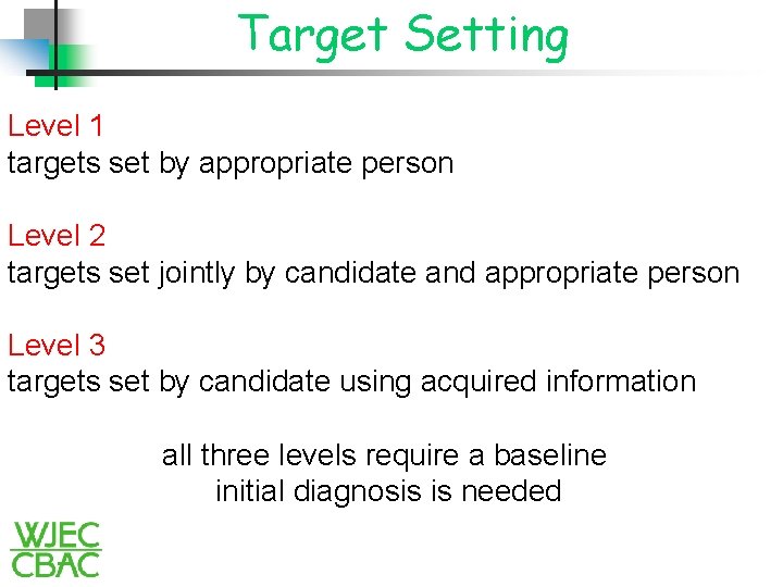 Target Setting Level 1 targets set by appropriate person Level 2 targets set jointly