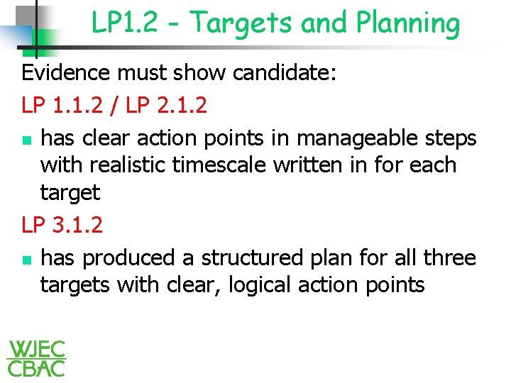 LP 1. 2 - Targets and Planning Evidence must show candidate: LP 1. 1.