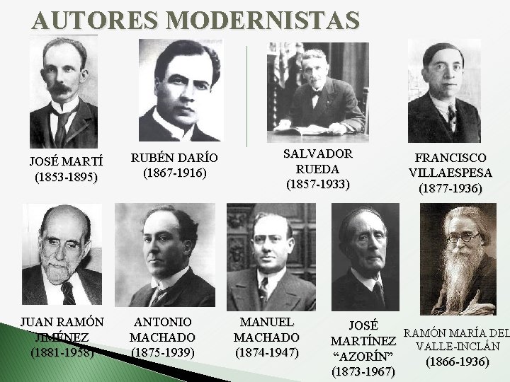 AUTORES MODERNISTAS JOSÉ MARTÍ (1853 -1895) JUAN RAMÓN JIMÉNEZ (1881 -1958) RUBÉN DARÍO (1867