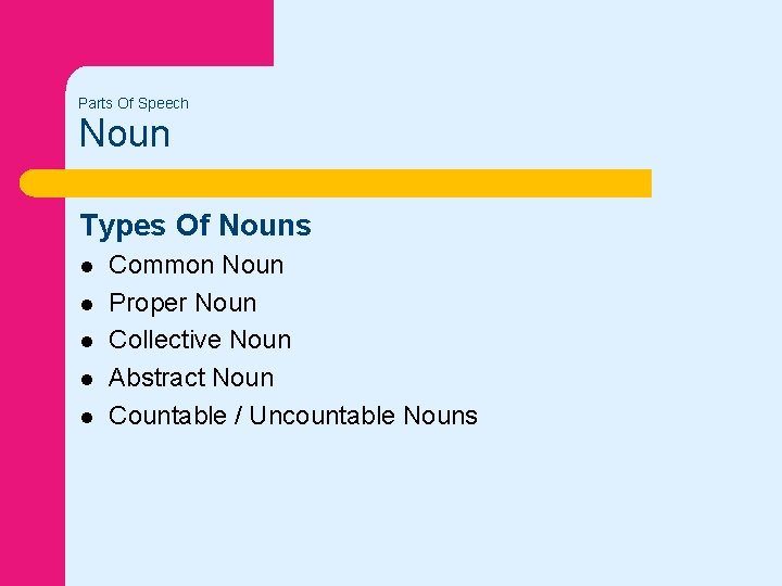 Parts Of Speech Noun Types Of Nouns l l l Common Noun Proper Noun