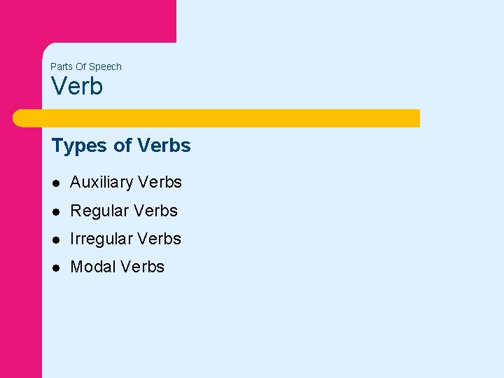 Parts Of Speech Verb Types of Verbs l Auxiliary Verbs l Regular Verbs l