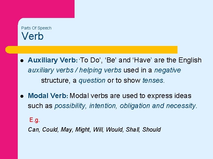 Parts Of Speech Verb l Auxiliary Verb: ‘To Do’, ‘Be’ and ‘Have’ are the