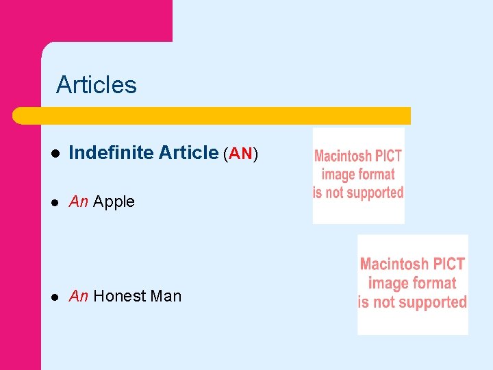 Articles l Indefinite Article (AN) l An Apple l An Honest Man 