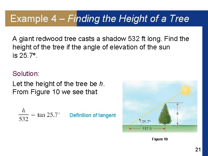 Example 4 – Finding the Height of a Tree A giant redwood tree casts