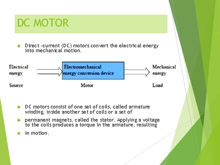 DC MOTOR Direct –current (DC) motors convert the electrical energy into mechanical motion. DC