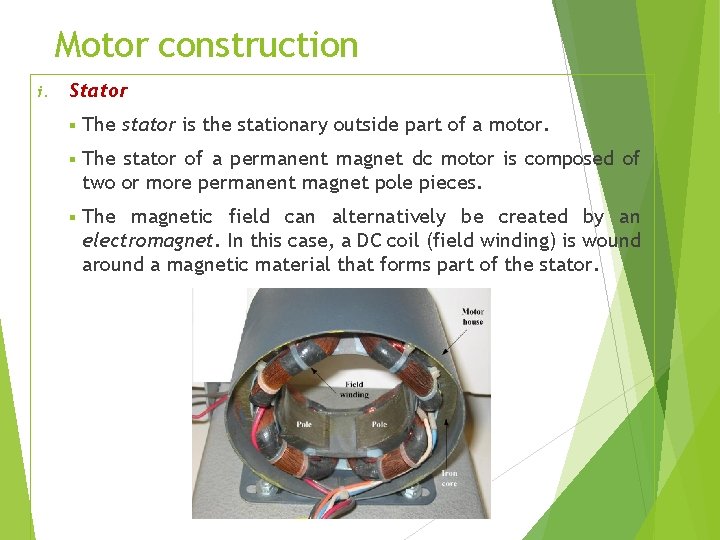 Motor construction i. Stator § The stator is the stationary outside part of a