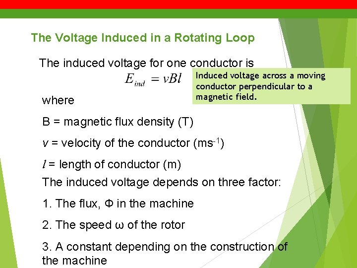 The Voltage Induced in a Rotating Loop The induced voltage for one conductor is