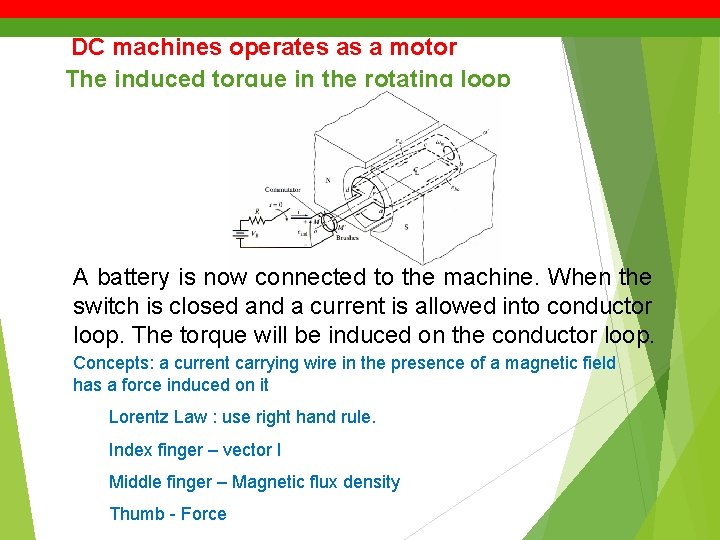 DC machines operates as a motor The induced torque in the rotating loop A