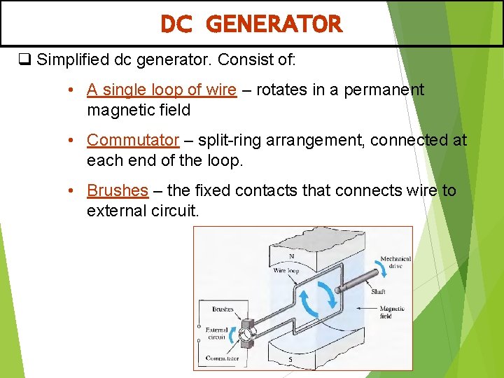 DC GENERATOR q Simplified dc generator. Consist of: • A single loop of wire