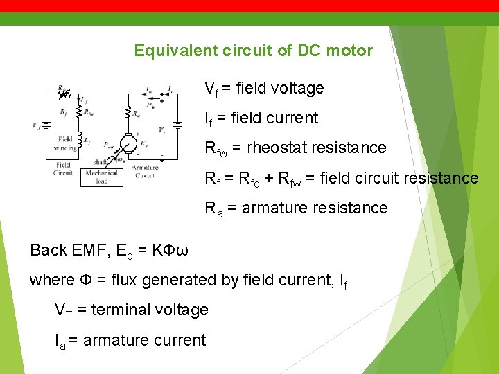 Equivalent circuit of DC motor Vf = field voltage If = field current Rfw