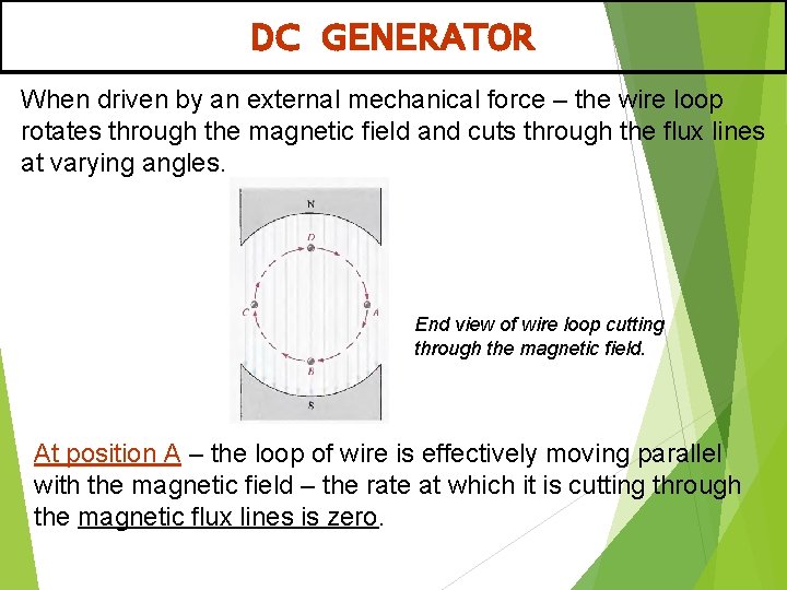 DC GENERATOR When driven by an external mechanical force – the wire loop rotates