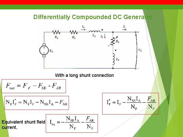 Differentially Compounded DC Generator With a long shunt connection Equivalent shunt field current, 