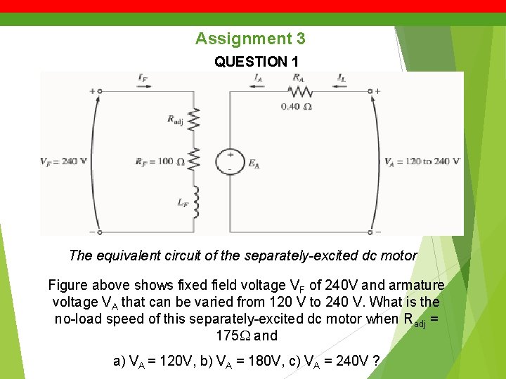 Assignment 3 QUESTION 1 The equivalent circuit of the separately-excited dc motor Figure above