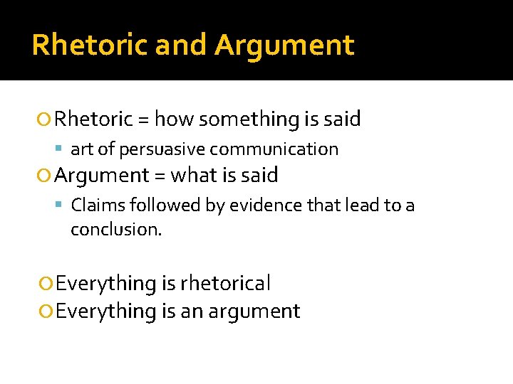 Rhetoric and Argument Rhetoric = how something is said art of persuasive communication Argument