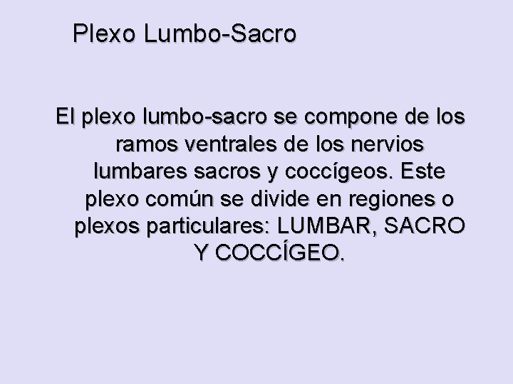 Plexo Lumbo-Sacro El plexo lumbo-sacro se compone de los ramos ventrales de los nervios