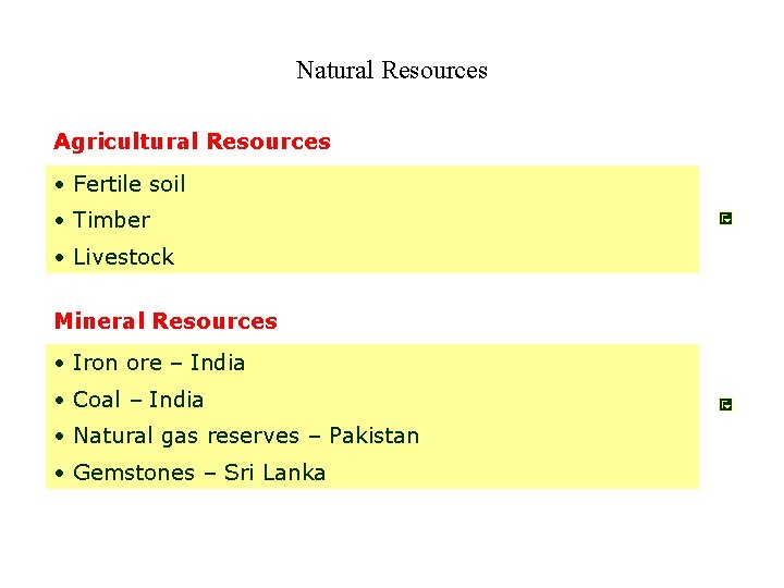Natural Resources Agricultural Resources • Fertile soil • Timber • Livestock Mineral Resources •