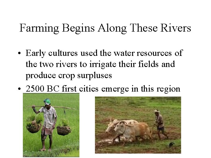 Farming Begins Along These Rivers • Early cultures used the water resources of the