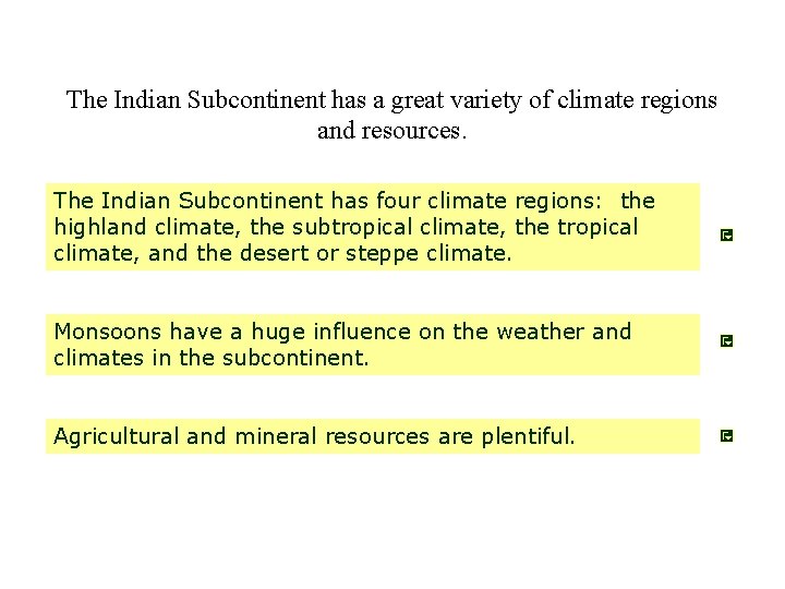 The Indian Subcontinent has a great variety of climate regions and resources. The Indian