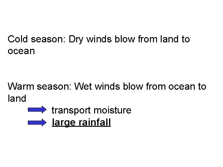 Cold season: Dry winds blow from land to ocean Warm season: Wet winds blow