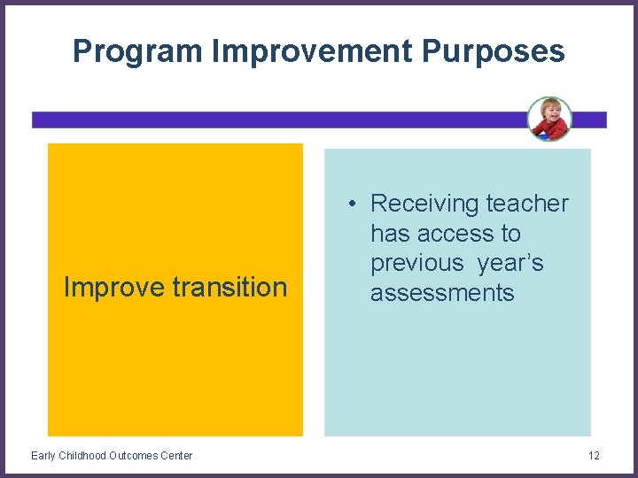 Program Improvement Purposes Improve transition Early Childhood Outcomes Center • Receiving teacher has access