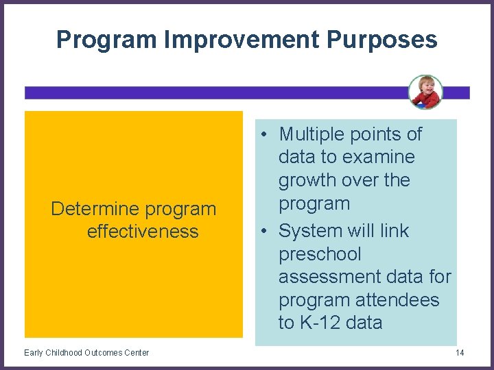 Program Improvement Purposes Determine program effectiveness Early Childhood Outcomes Center • Multiple points of