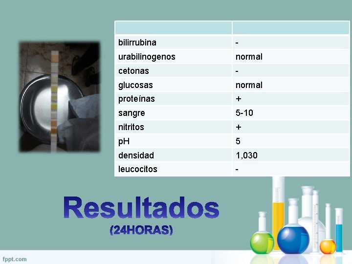 bilirrubina - urabilinogenos normal cetonas - glucosas normal proteínas + sangre 5 -10 nitritos