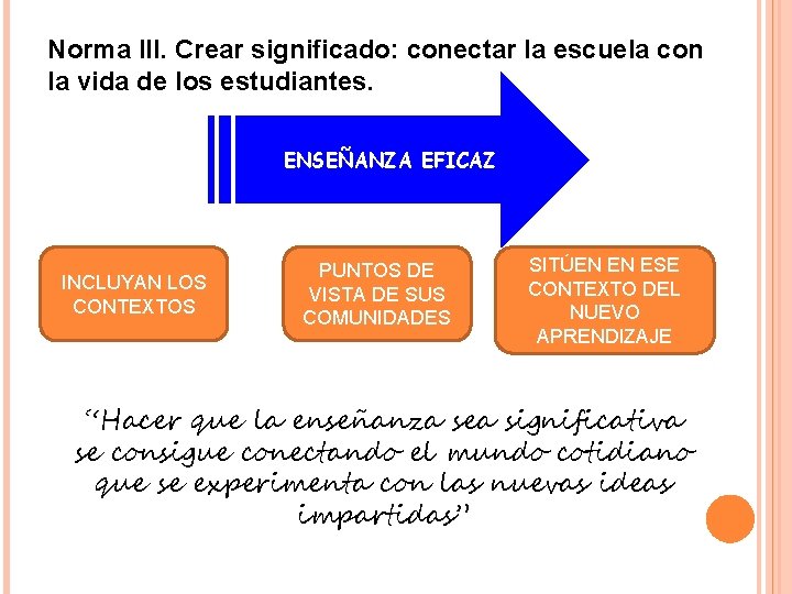Norma III. Crear significado: conectar la escuela con la vida de los estudiantes. ENSEÑANZA