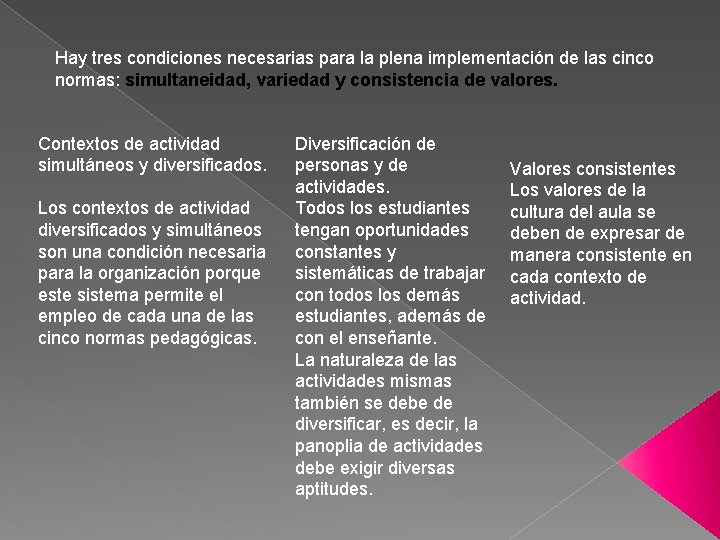 Hay tres condiciones necesarias para la plena implementación de las cinco normas: simultaneidad, variedad