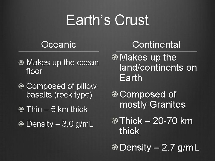 Earth’s Crust Oceanic Makes up the ocean floor Composed of pillow basalts (rock type)