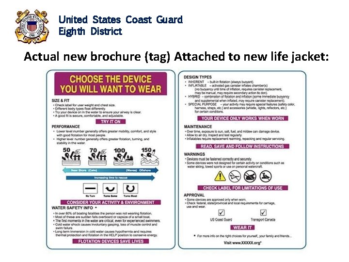 United States Coast Guard Eighth District Actual new brochure (tag) Attached to new life