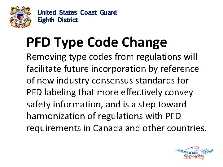 United States Coast Guard Eighth District PFD Type Code Change Removing type codes from