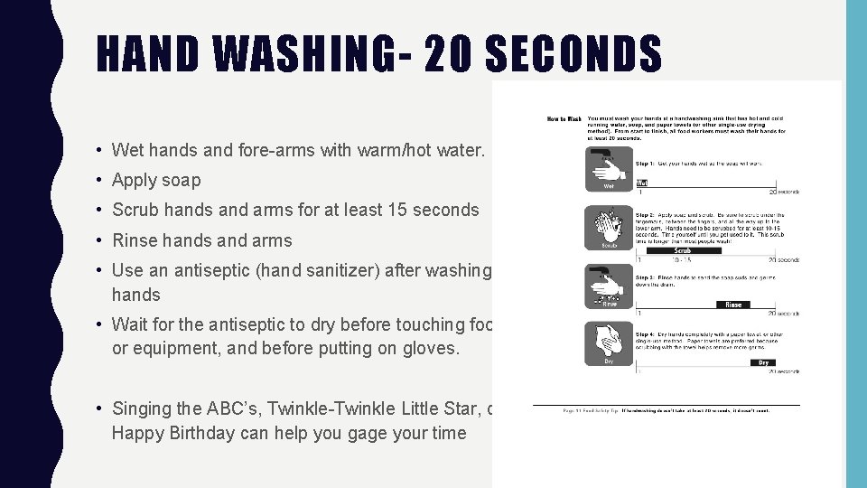 HAND WASHING- 20 SECONDS • Wet hands and fore-arms with warm/hot water. • Apply